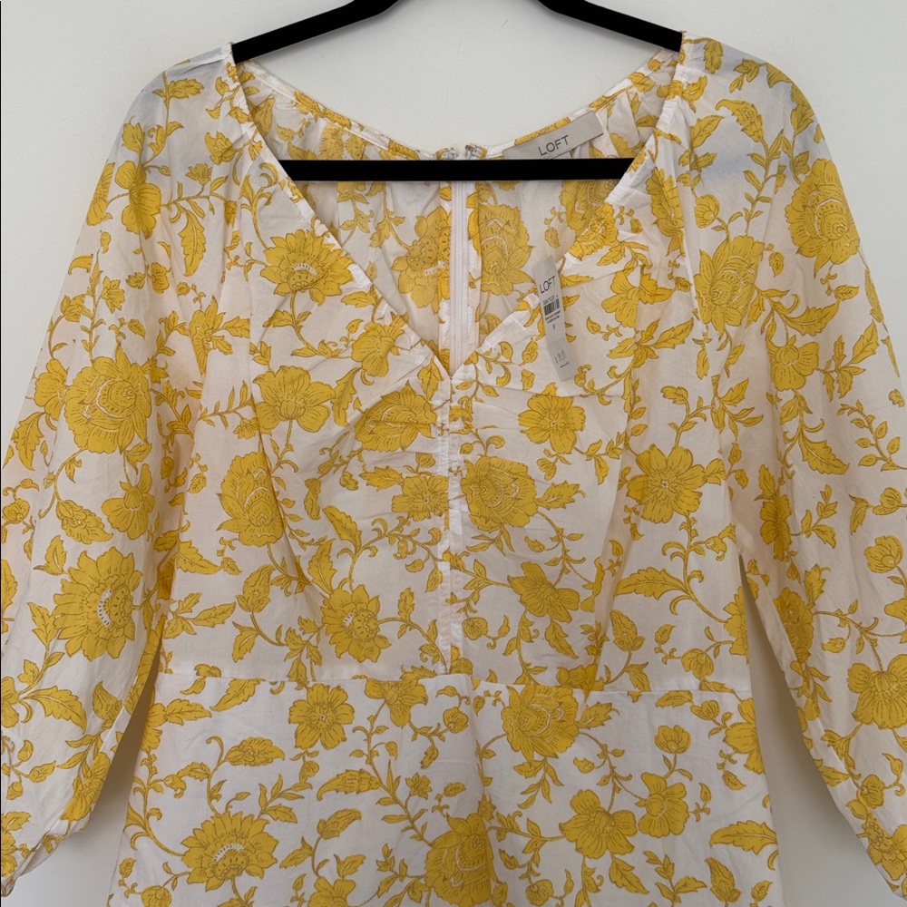 LOFT NWT Yellow 100% Cotton Floral Poplin Shirred Mini Dress - Size 8 - Picture 3 of 8